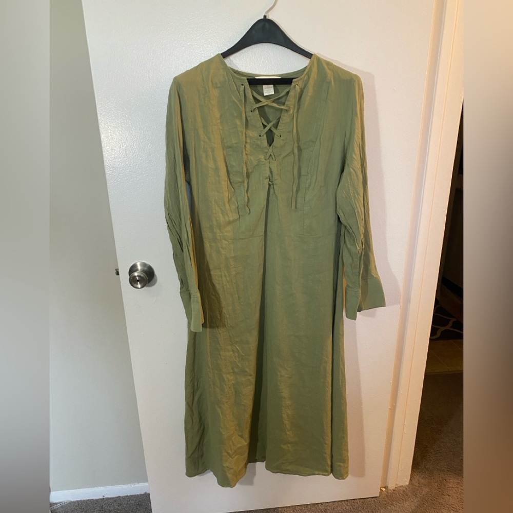 H&M Green Long Sleeve V-Neck cotton blend Dress size L